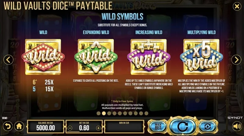 Wild Vaults Dice - задействане на Free Spins с три Vault-символа